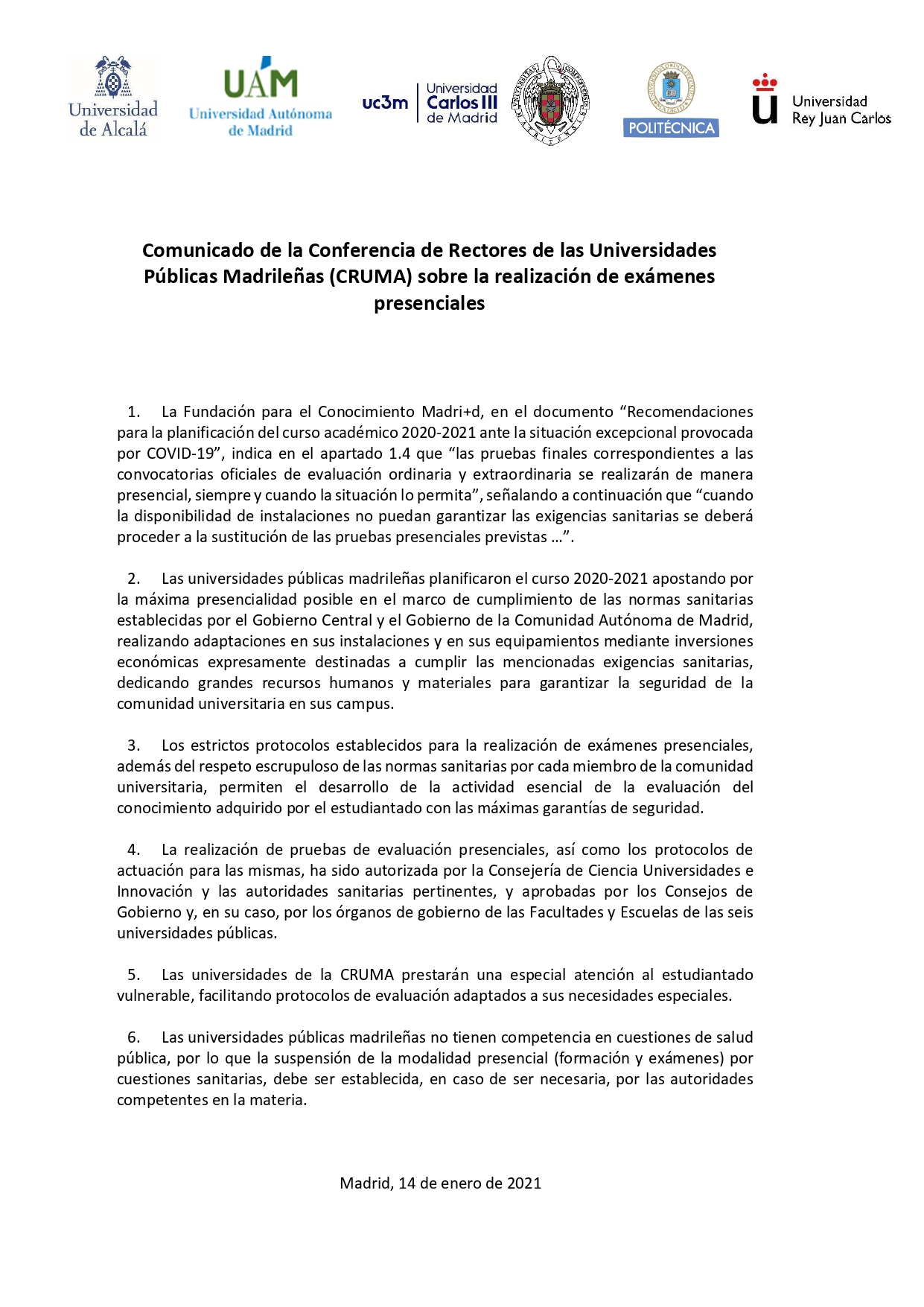 Comunicado de la Conferencia de Rectores de las Universidades Publicas Madrileñas sobre la realización de exámenes presenciales